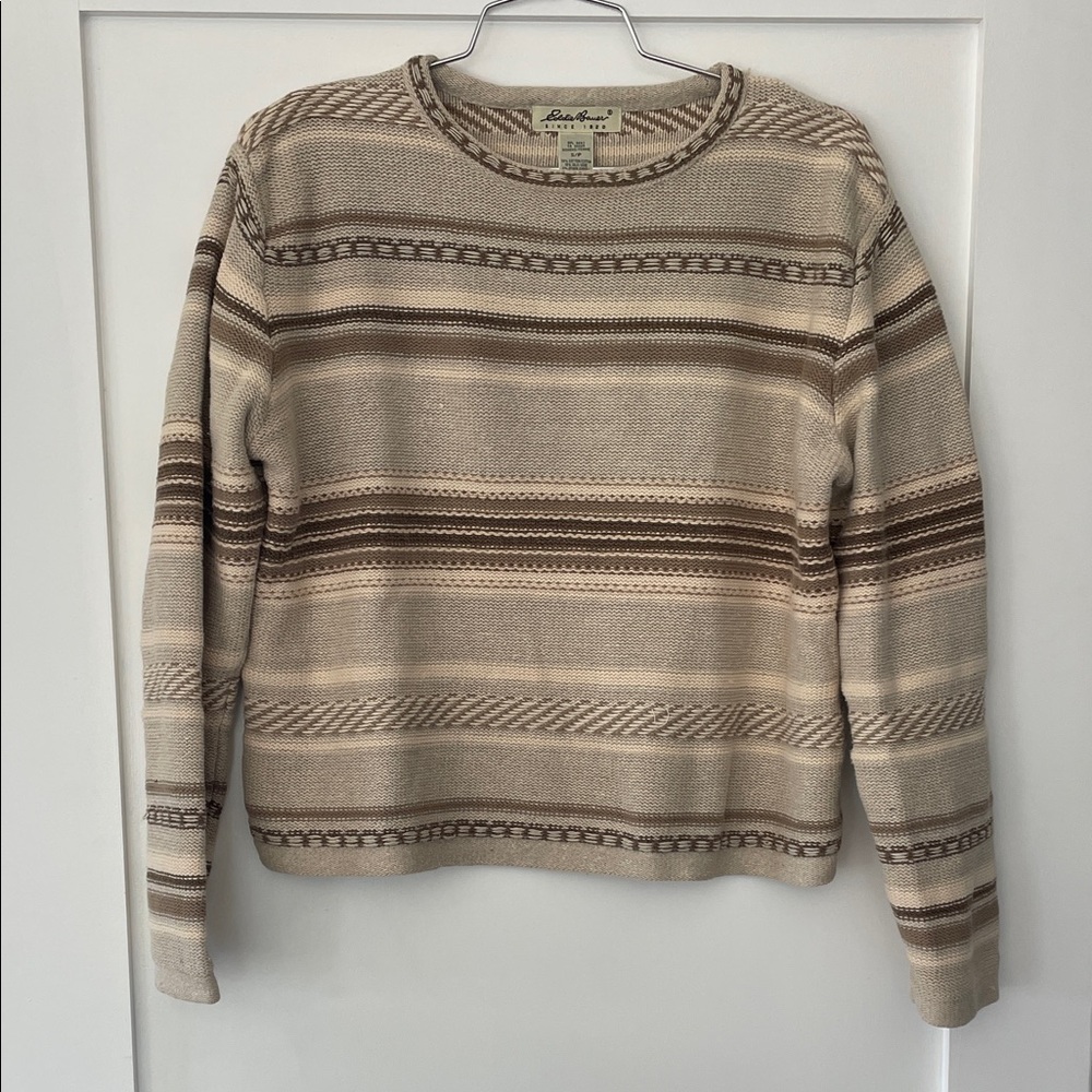 Eddie Bauer Cream and Brown Striped Crewneck Sweater - vintage - size small
